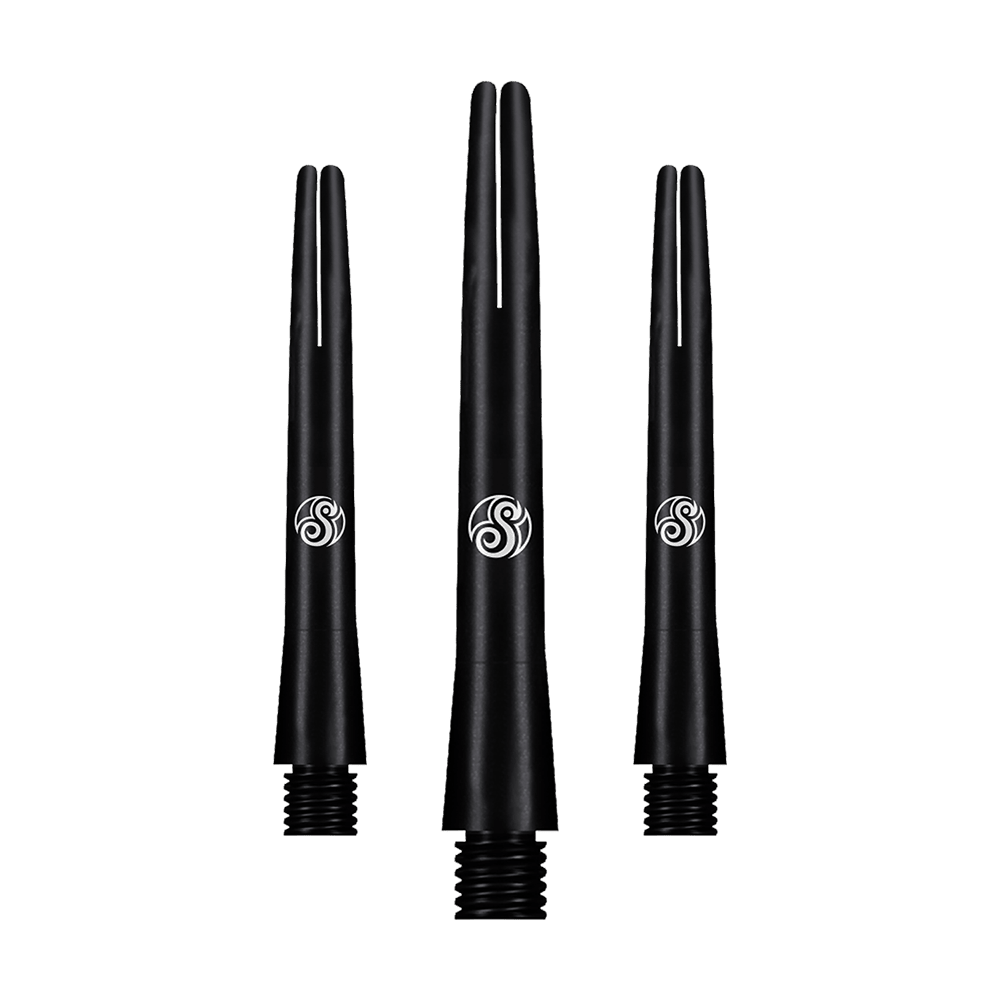 Das Bild zeigt drei schwarze Aluminium-Schäfte für Dartpfeile. Sie haben ein schlichtes Design mit einem weißen Logo in der Mitte.